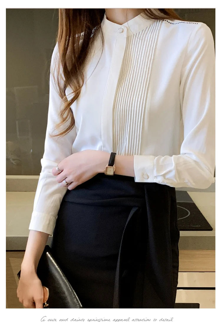 The Office Muse — Pleated Bib Stand Collar Long Sleeve Chiffon Blouse