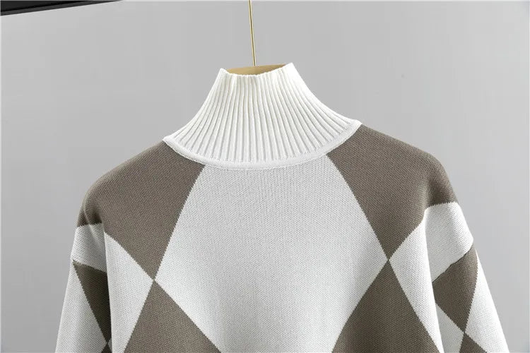 The Diamond Check — Knitted Turtleneck Sweater & Pants Set