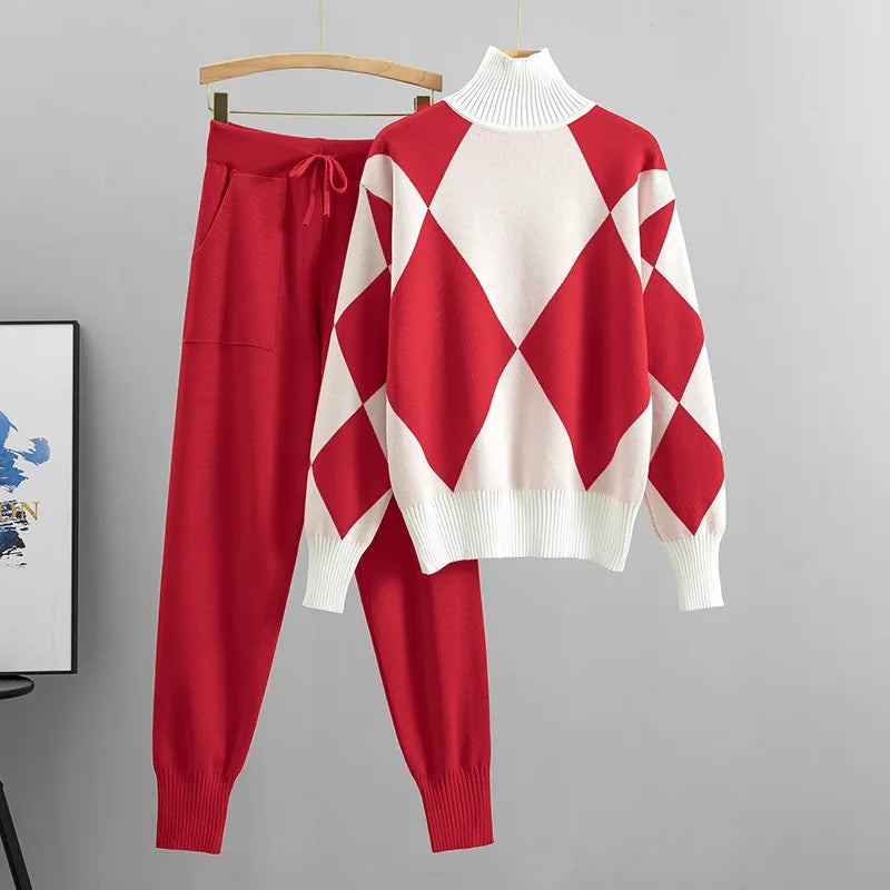 The Diamond Check — Knitted Turtleneck Sweater & Pants Set
