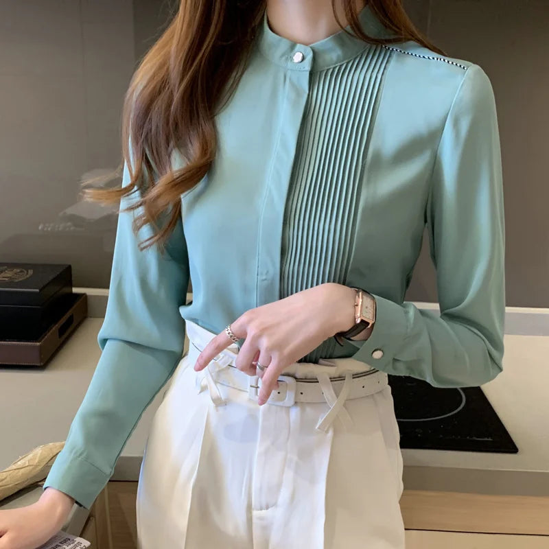 The Office Muse — Pleated Bib Stand Collar Long Sleeve Chiffon Blouse