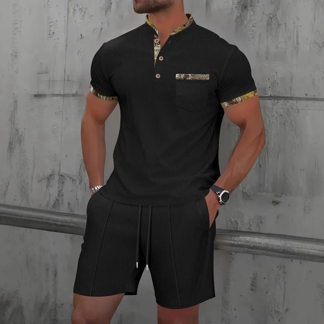 The Munice Set — Waffle-Knit Zip-Up Lapel Suit & Shorts