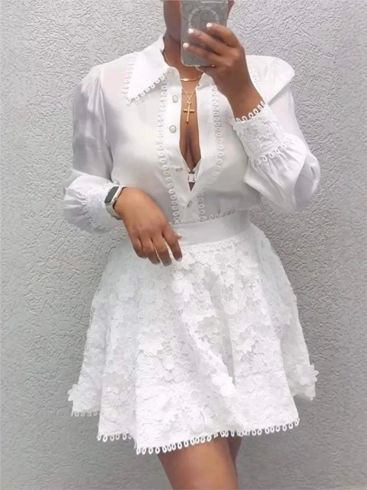 The White Affair — Polyester Button Top & A-Line Skirt Set