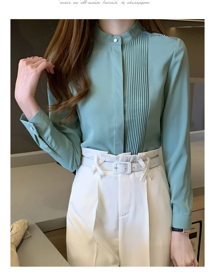 The Office Muse — Pleated Bib Stand Collar Long Sleeve Chiffon Blouse