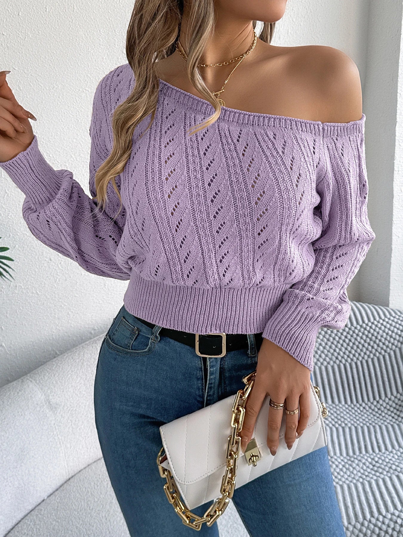 The Slouch Edit — Slash Neck Off-Shoulder Long Sleeve Knitted Pullover