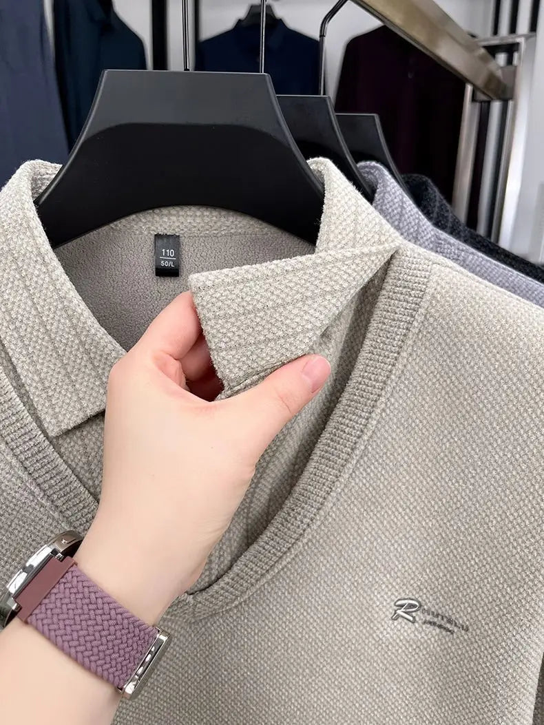 The Woolby Knit— Polo Collar Stripe Patchwork Thickened Wool Sweater