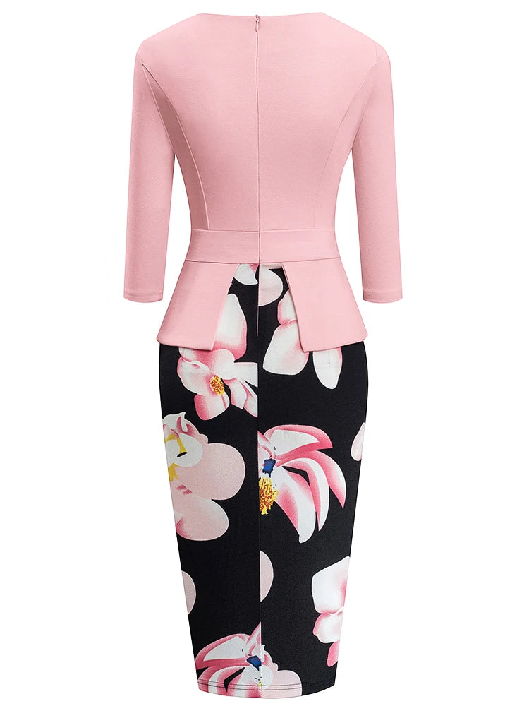 The Garden Party — Floral Patchwork Button ¾ Sleeve Bodycon Dress