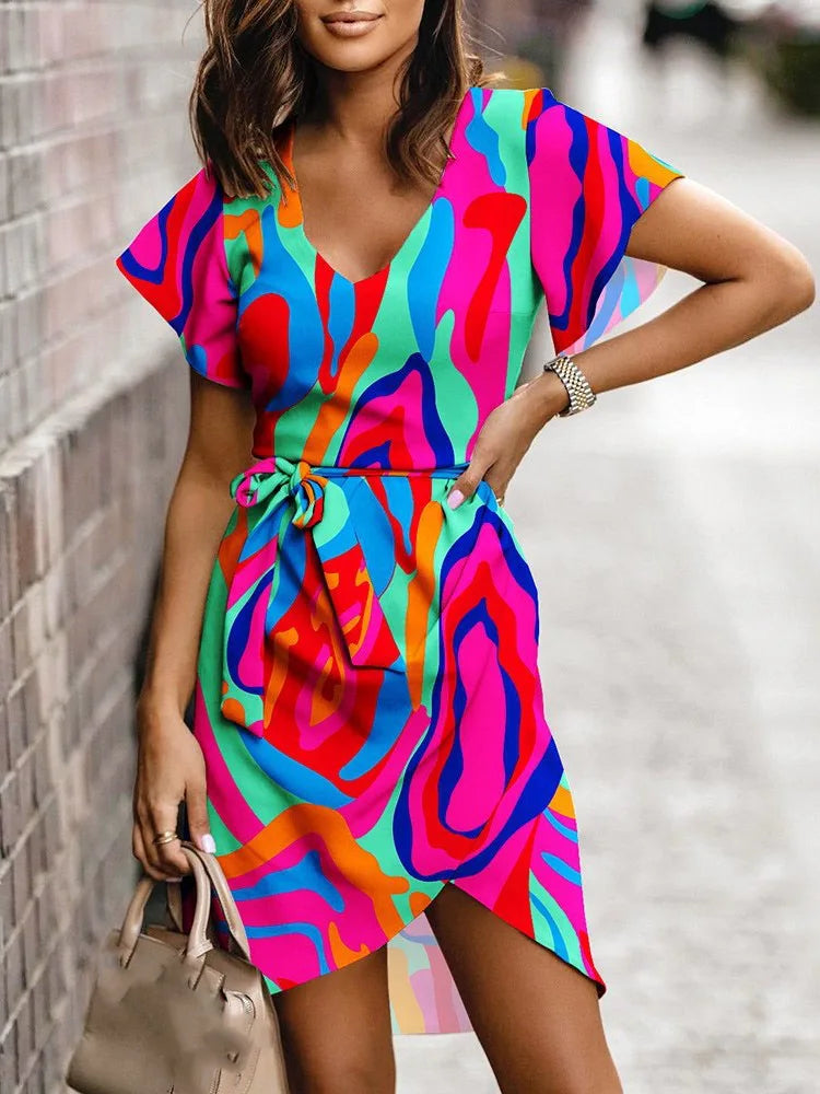 The Riviera Dress — Printed V-Neck Short Sleeve Mini Dress
