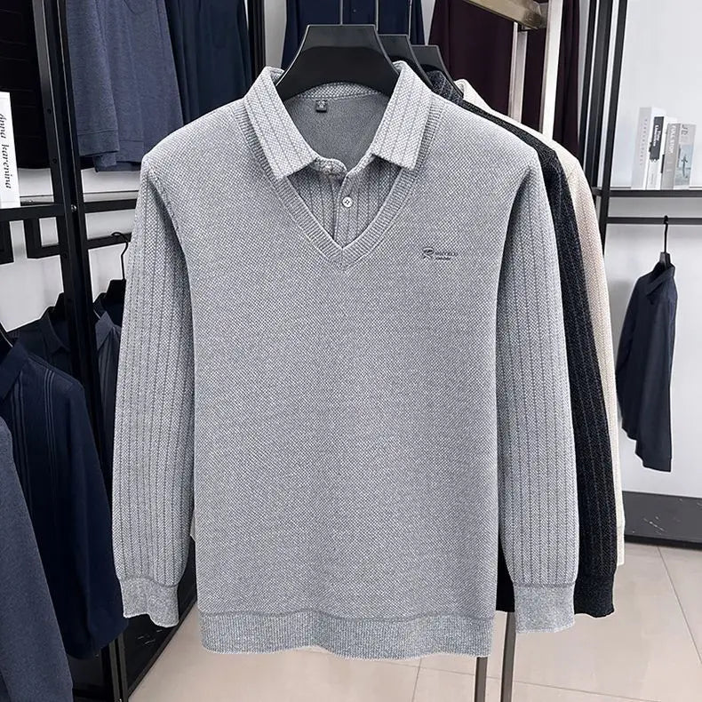 The Woolby Knit— Polo Collar Stripe Patchwork Thickened Wool Sweater