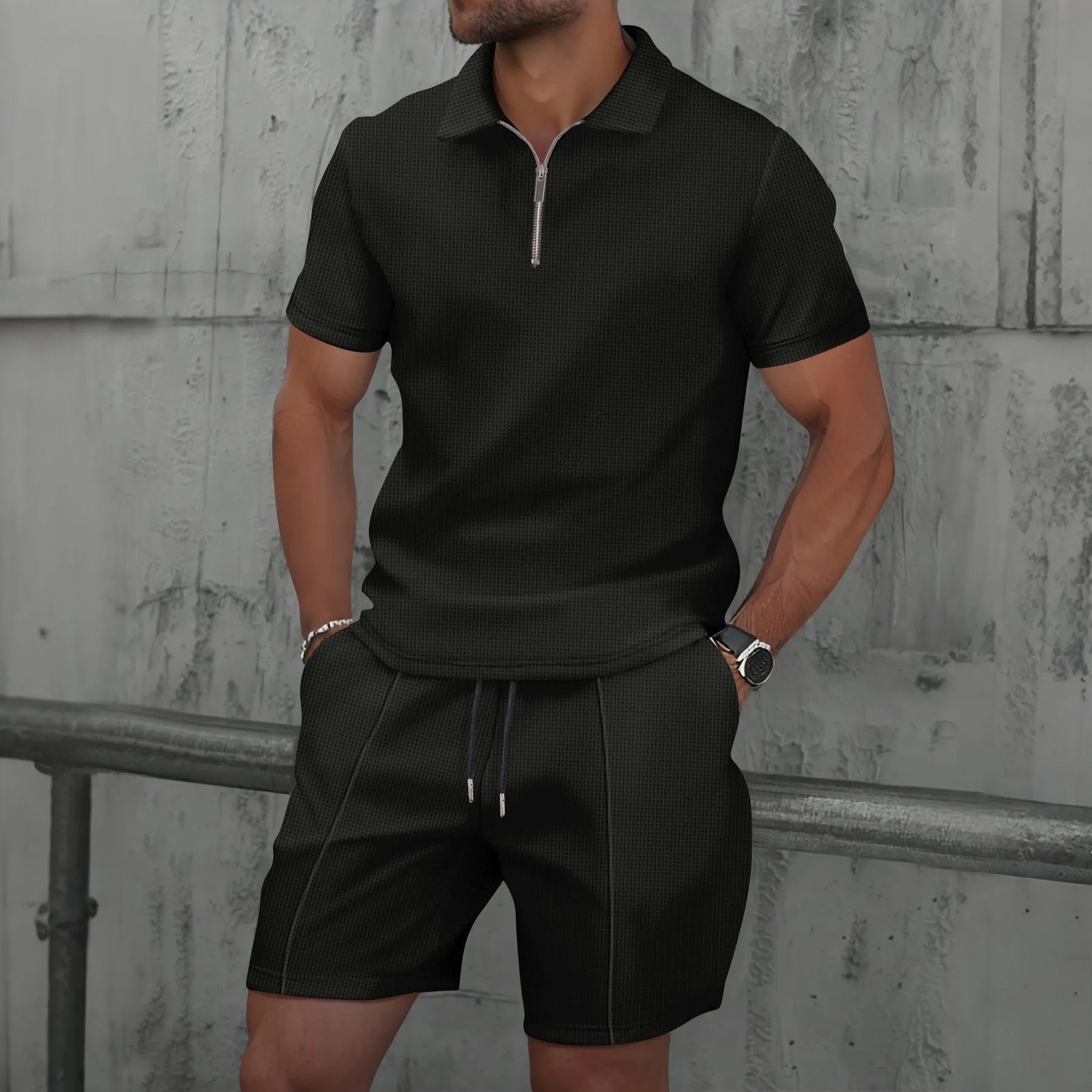 The Munice Set — Waffle-Knit Zip-Up Lapel Suit & Shorts