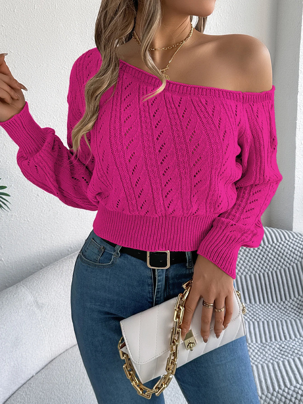 The Slouch Edit — Slash Neck Off-Shoulder Long Sleeve Knitted Pullover