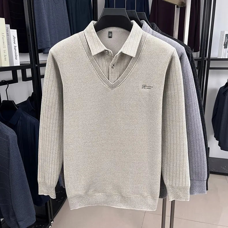 The Woolby Knit— Polo Collar Stripe Patchwork Thickened Wool Sweater