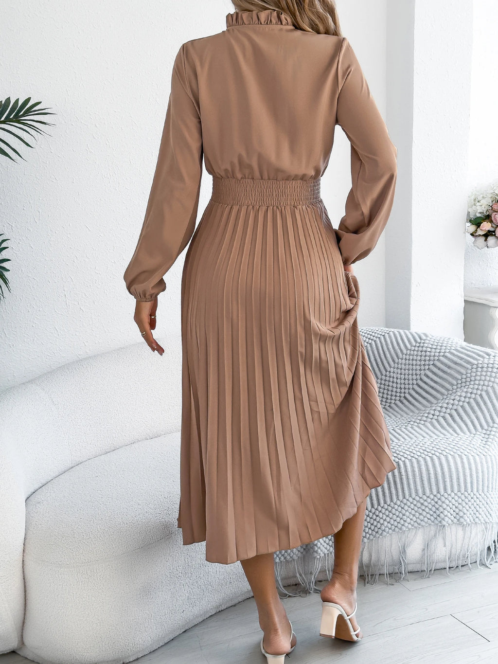 The Pleated Drape — V-Neck Lace-Up Pleated Maxi Dress