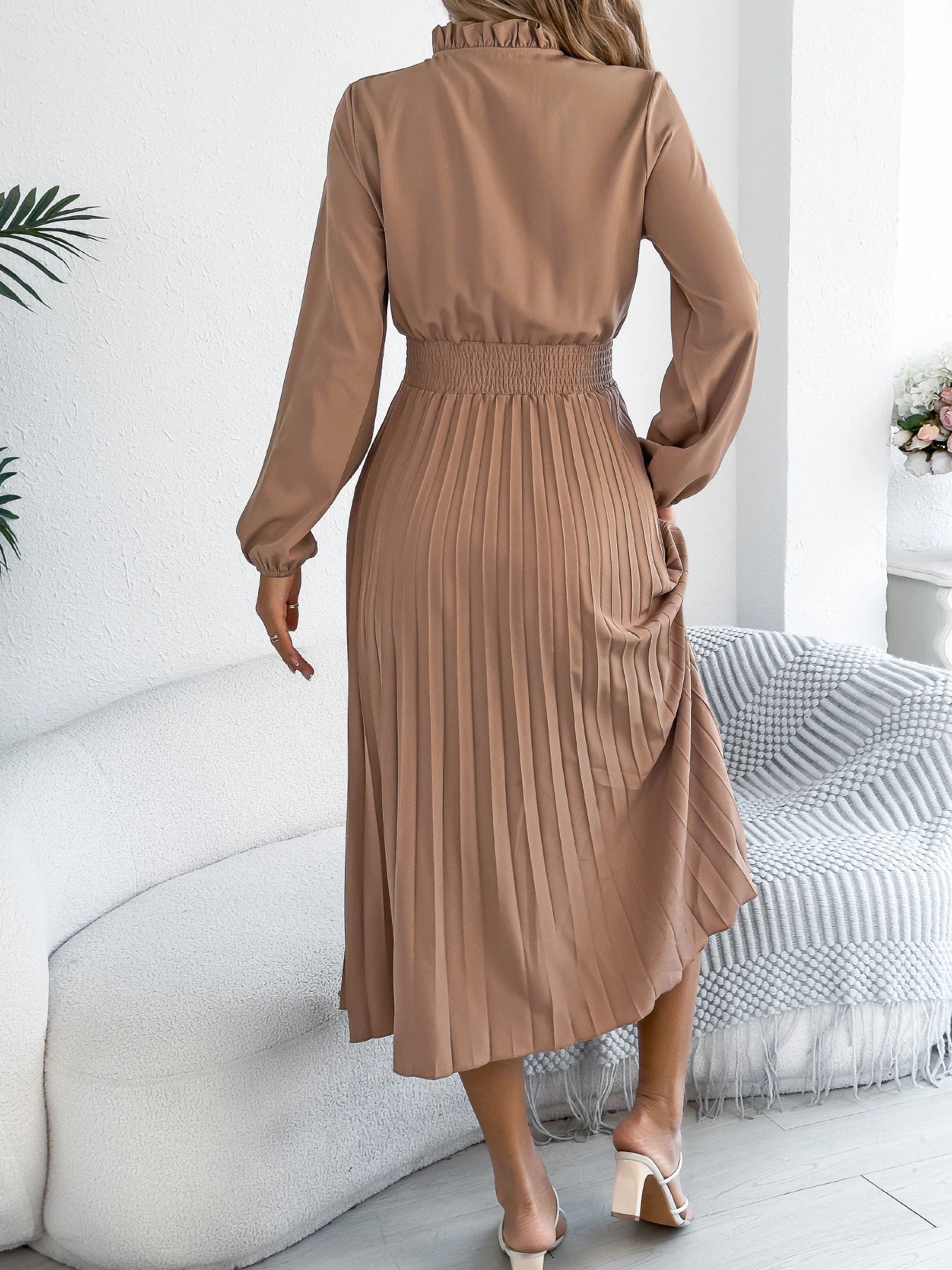 The Pleated Drape — V-Neck Lace-Up Pleated Maxi Dress
