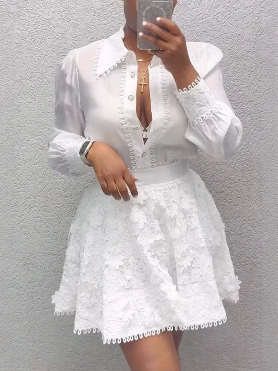 The White Affair — Polyester Button Top & A-Line Skirt Set