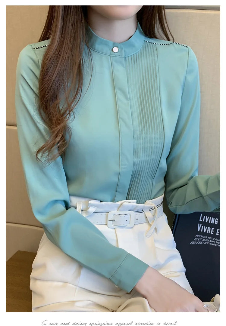 The Office Muse — Pleated Bib Stand Collar Long Sleeve Chiffon Blouse
