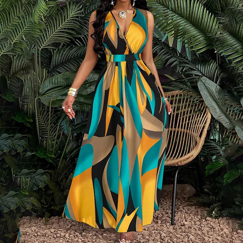 The Soleil Maxi — Printed V-Neck Sleeveless Maxi Dress