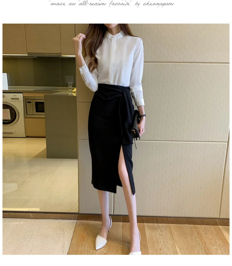 The Office Muse — Pleated Bib Stand Collar Long Sleeve Chiffon Blouse