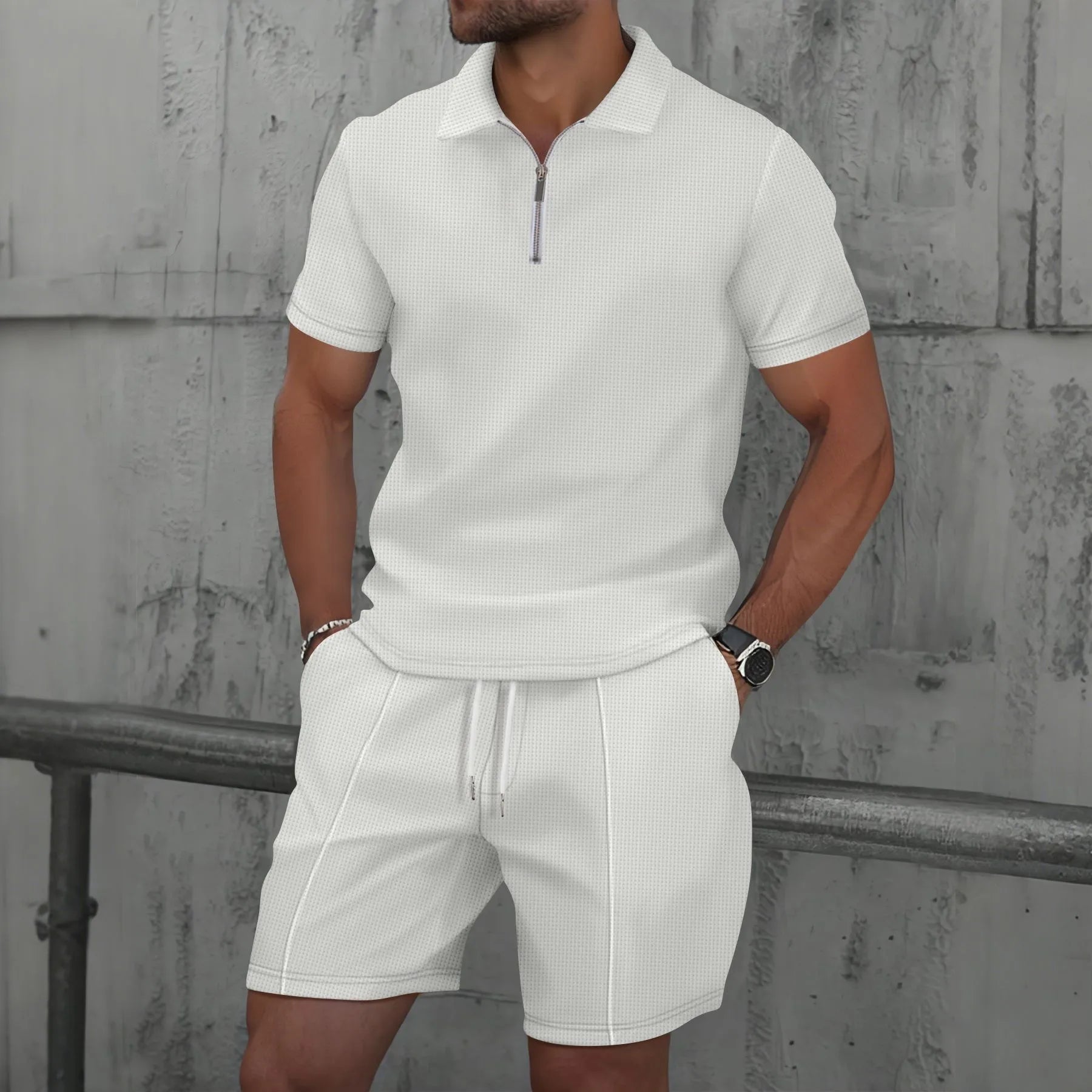 The Munice Set — Waffle-Knit Zip-Up Lapel Suit & Shorts