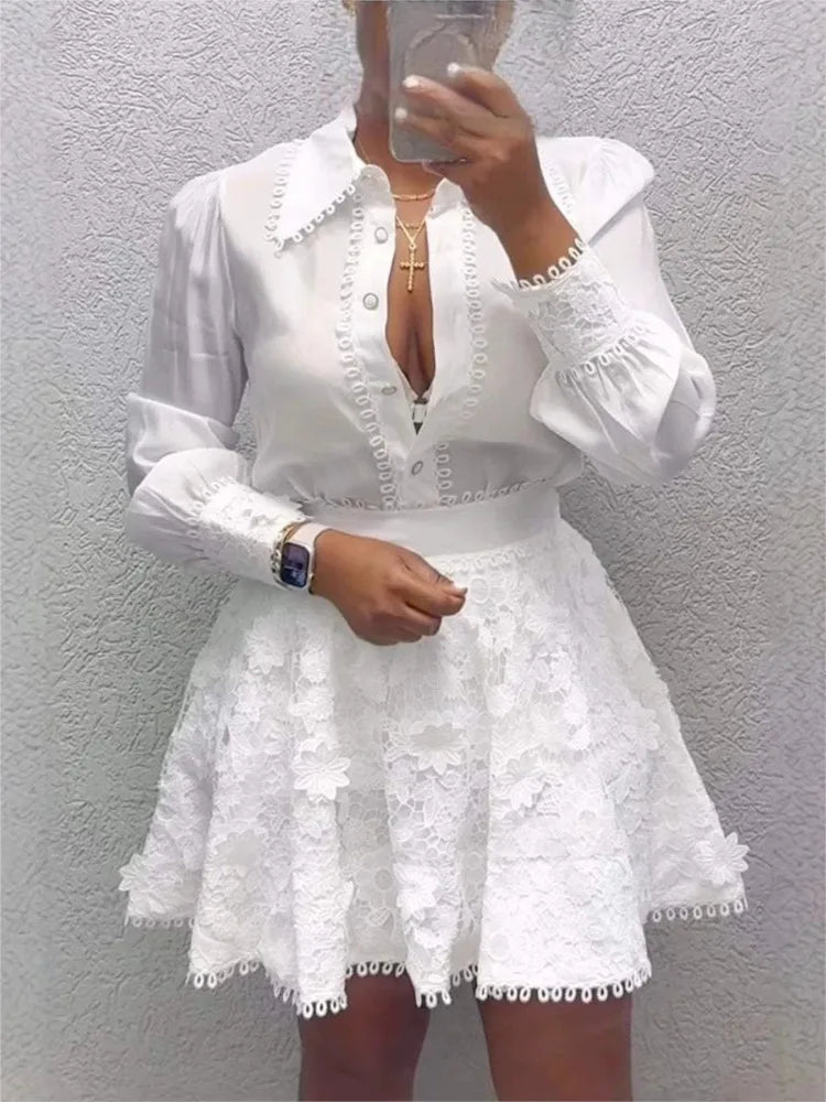 The White Affair — Polyester Button Top & A-Line Skirt Set