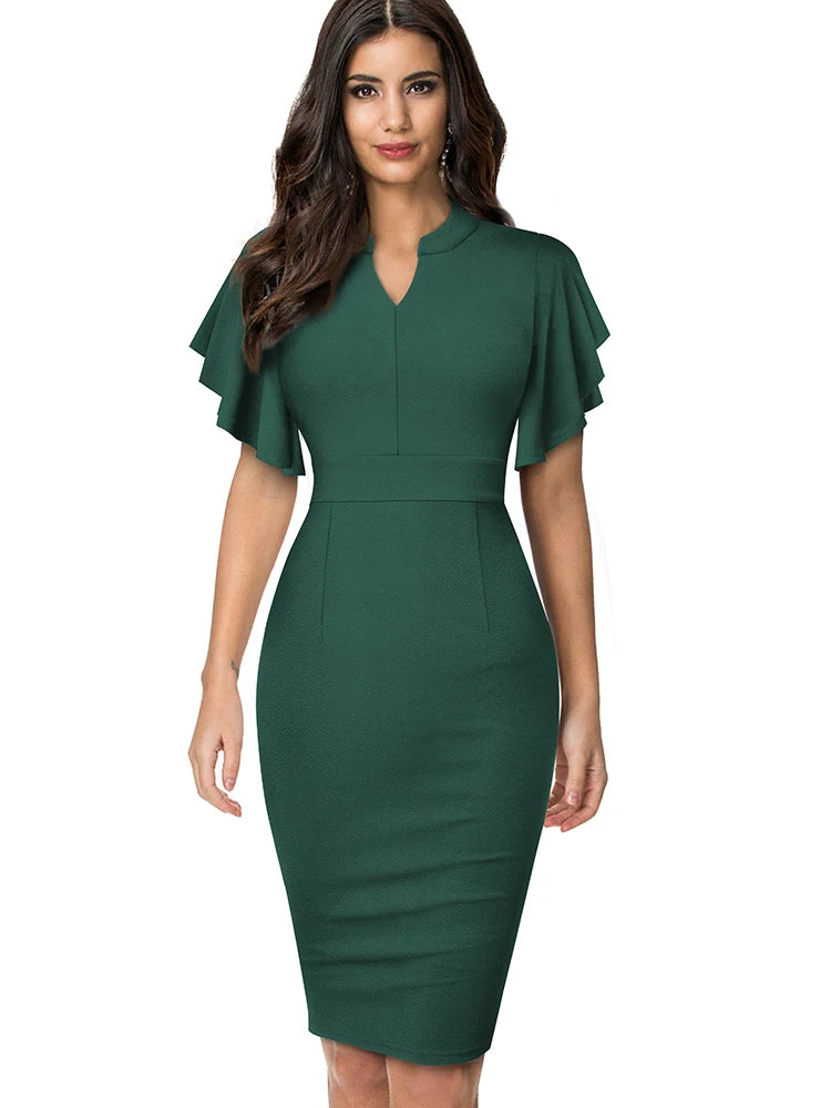 The Ruffle Edit — Solid Colour Short Sleeve Ruffle Bodycon Pencil Dress