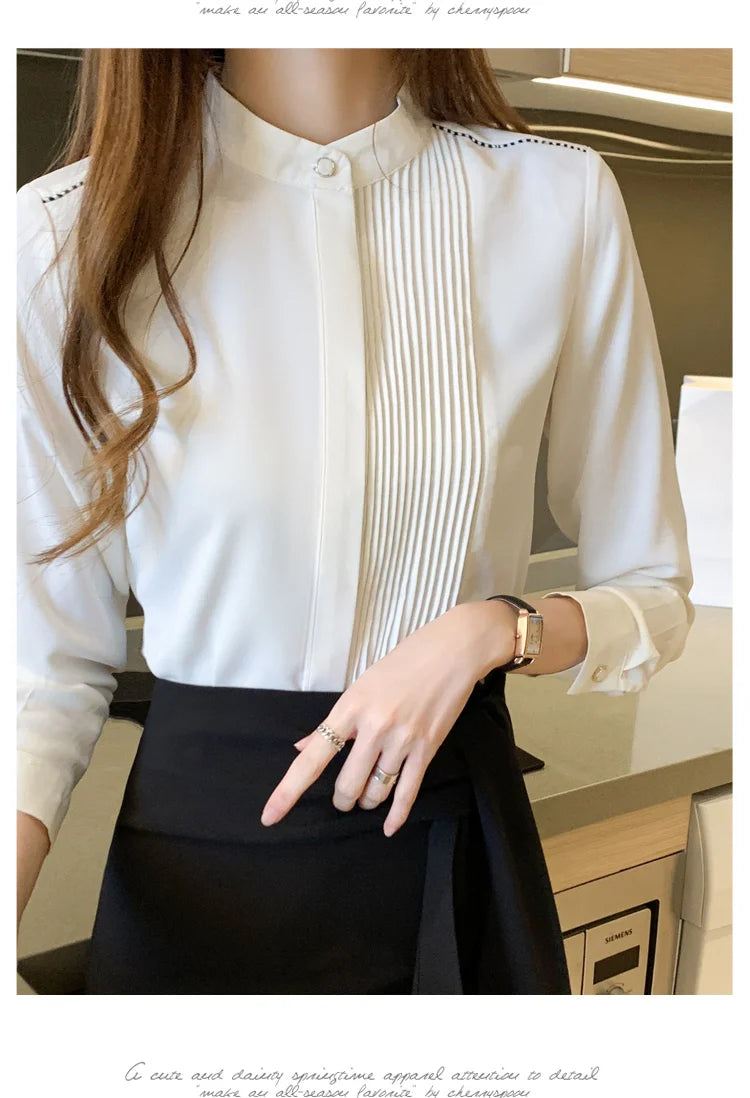 The Office Muse — Pleated Bib Stand Collar Long Sleeve Chiffon Blouse