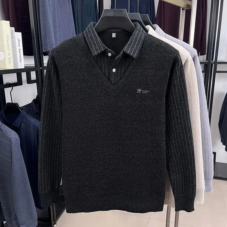 The Woolby Knit— Polo Collar Stripe Patchwork Thickened Wool Sweater