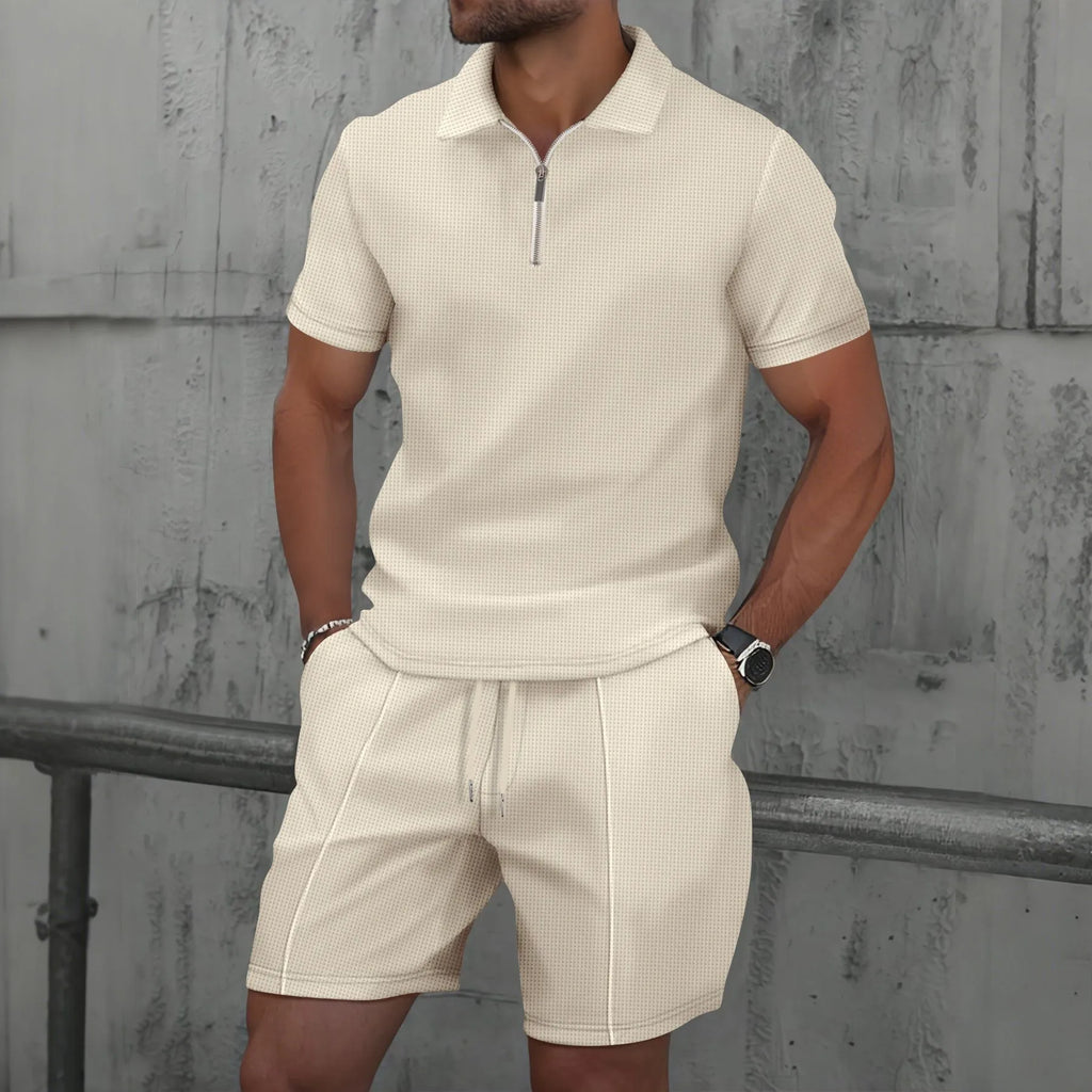 The Munice Set — Waffle-Knit Zip-Up Lapel Suit & Shorts
