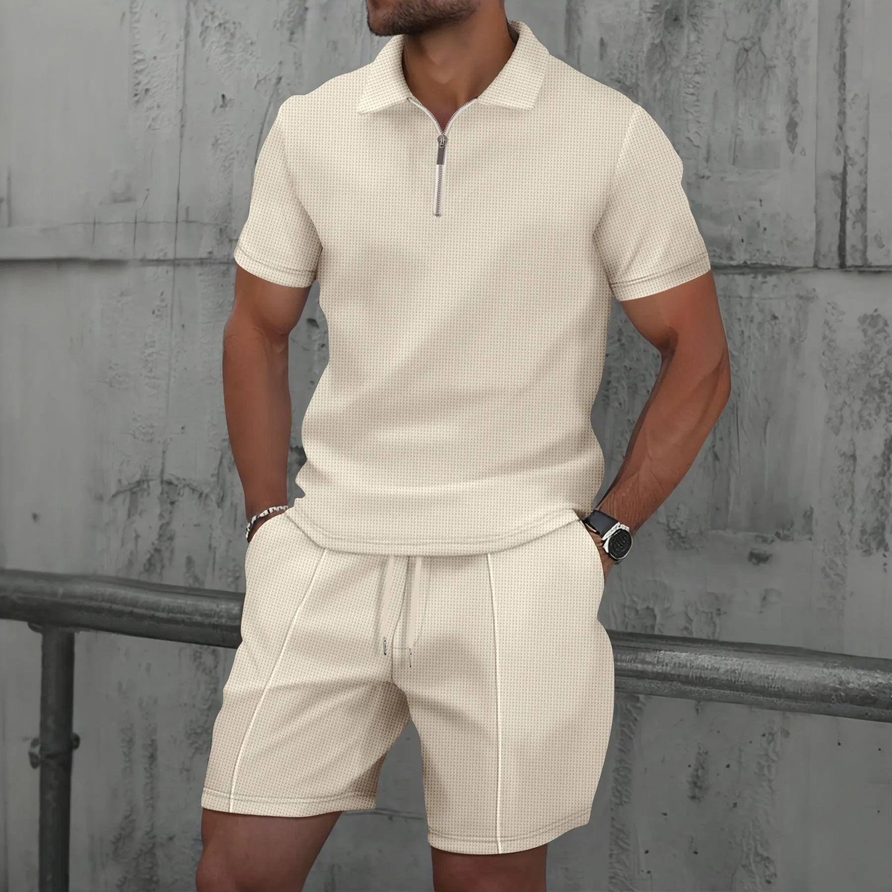 The Munice Set — Waffle-Knit Zip-Up Lapel Suit & Shorts