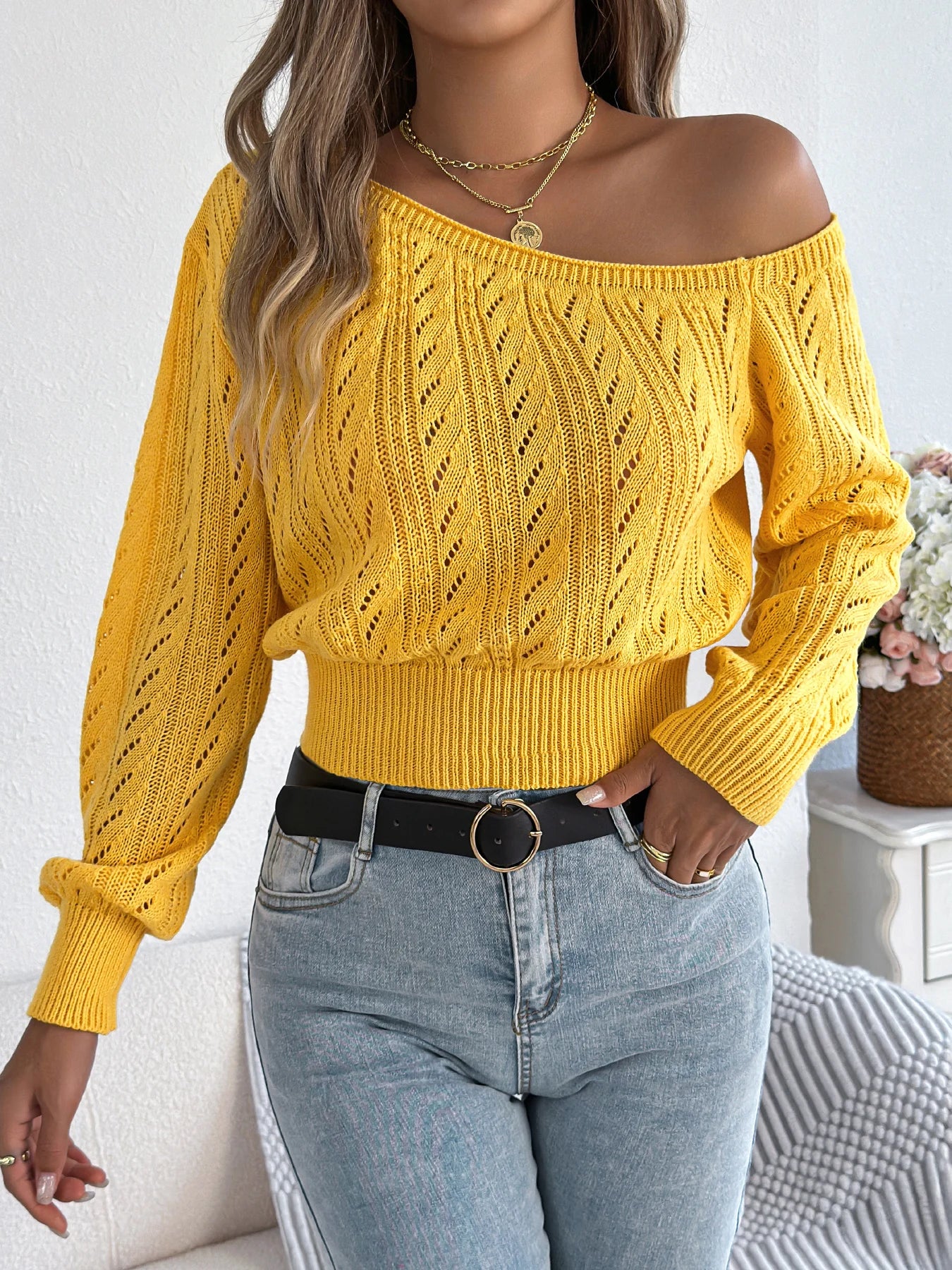 The Slouch Edit — Slash Neck Off-Shoulder Long Sleeve Knitted Pullover