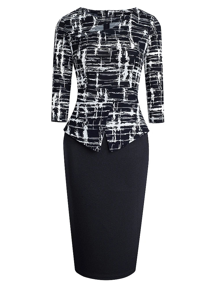 The Garden Party — Floral Patchwork Button ¾ Sleeve Bodycon Dress