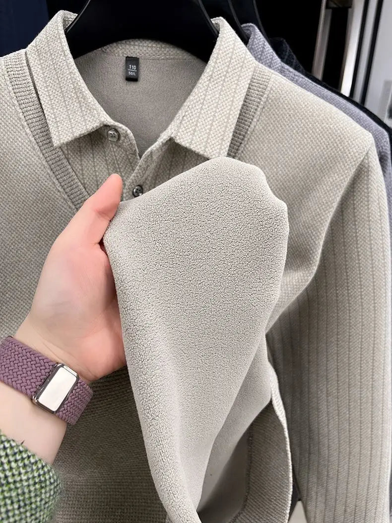 The Woolby Knit— Polo Collar Stripe Patchwork Thickened Wool Sweater