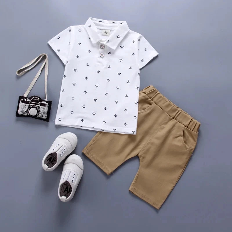 The Anchor Print — Cotton-Blend Short Sleeve Shorts Set