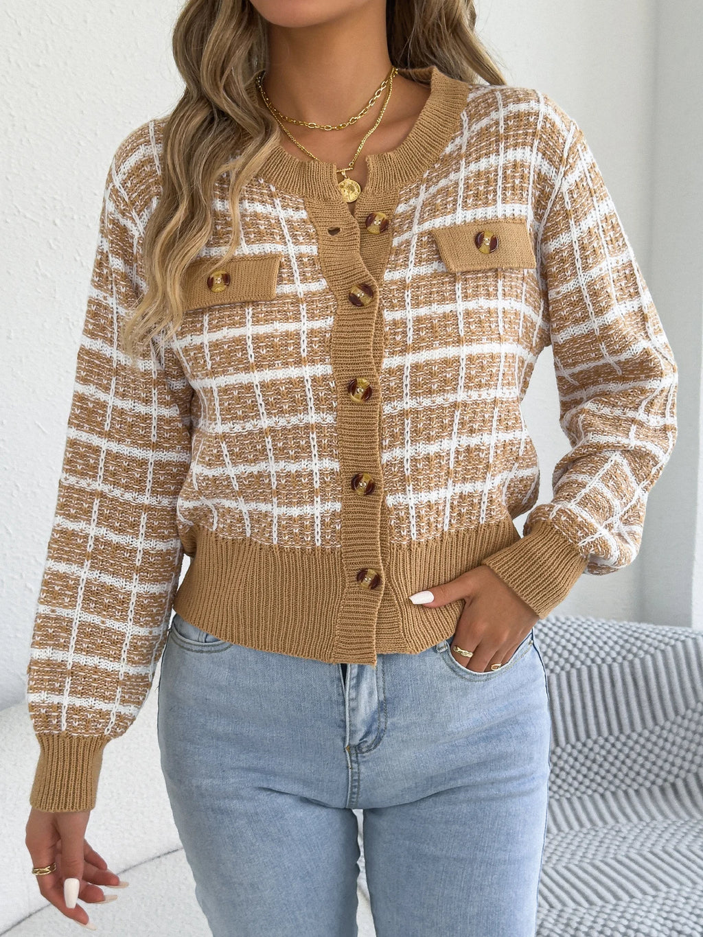 The Plaid Knit — Contrast Plaid Knitted Cardigan