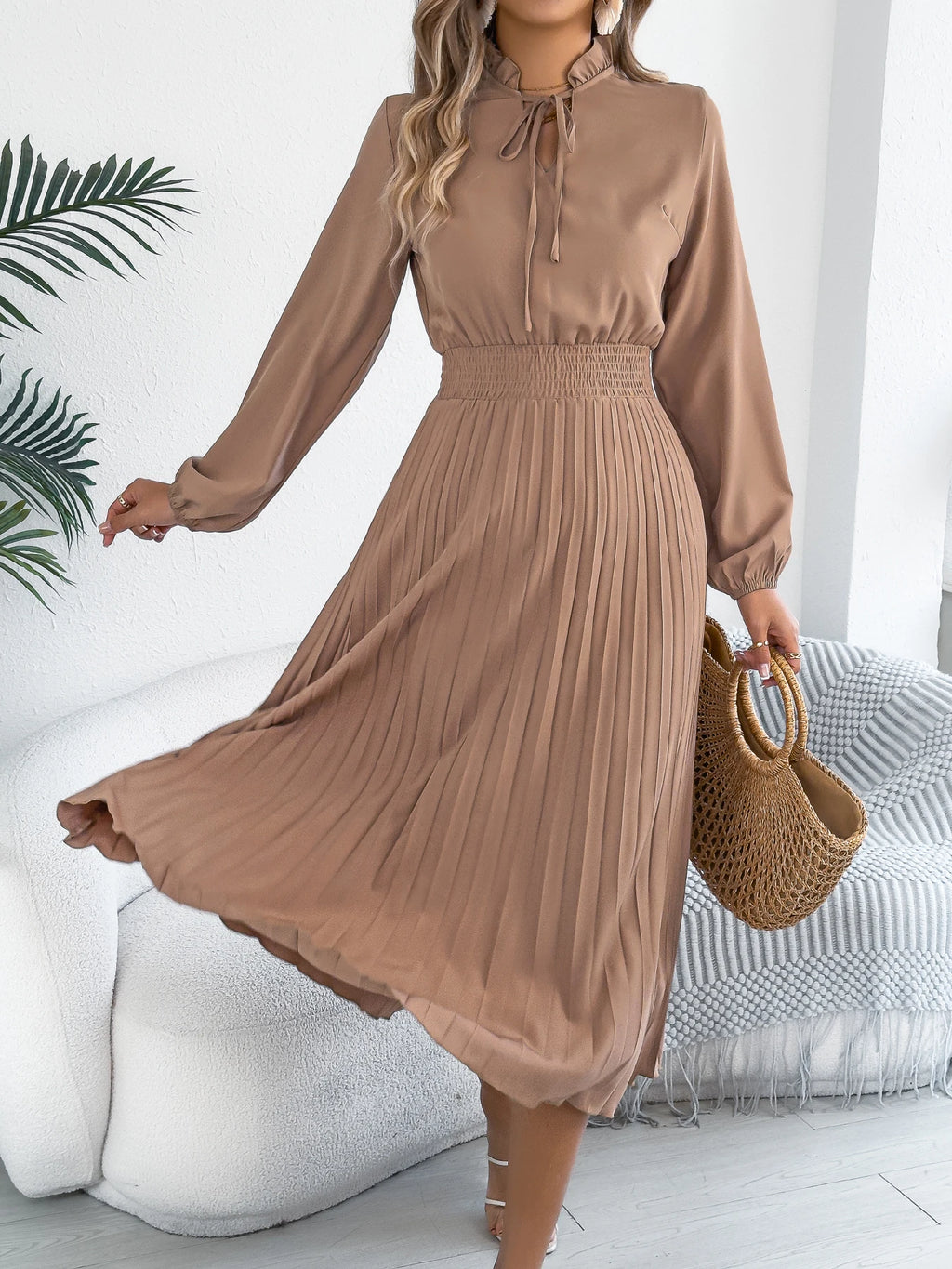 The Pleated Drape — V-Neck Lace-Up Pleated Maxi Dress