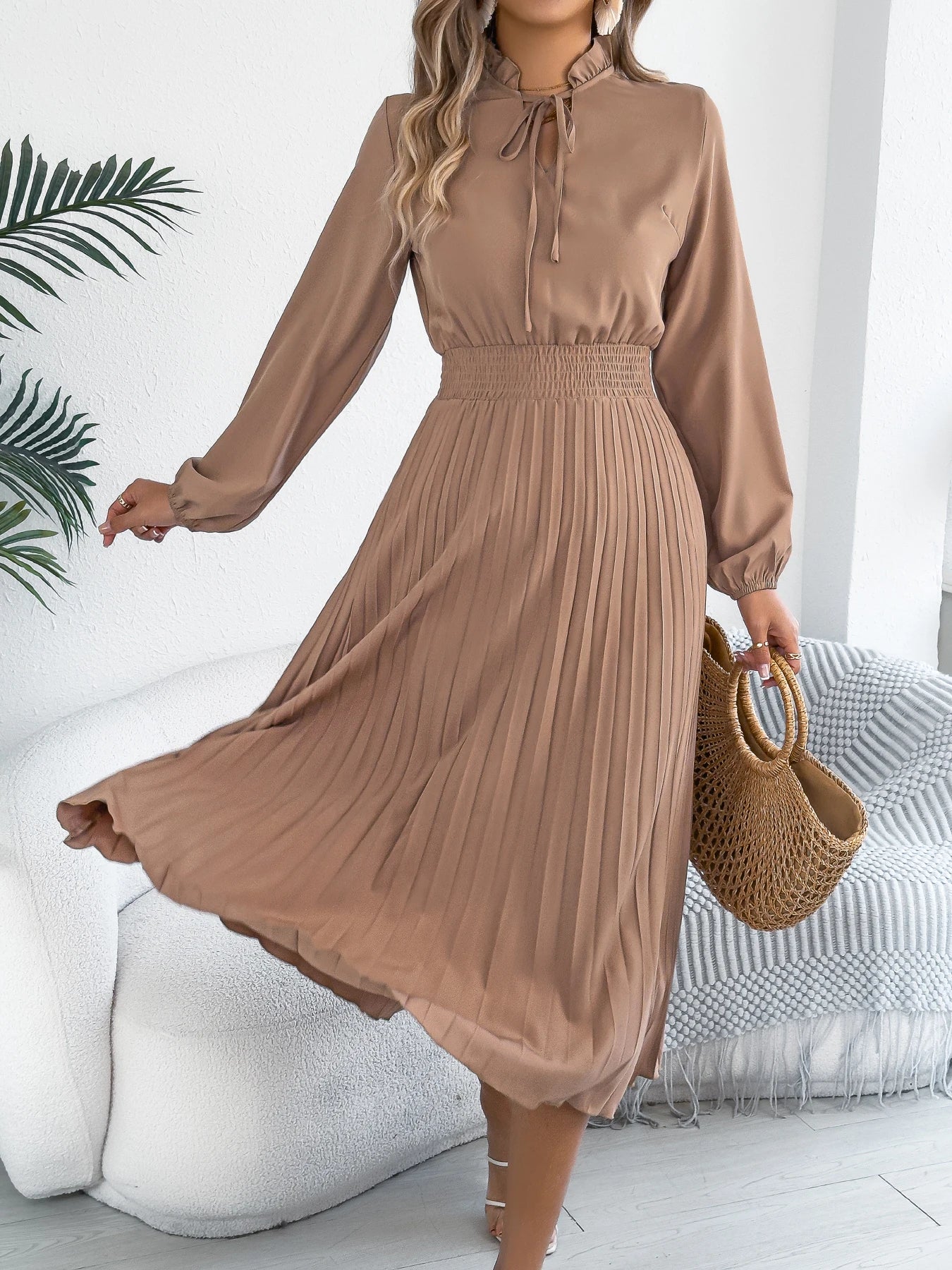 The Pleated Drape — V-Neck Lace-Up Pleated Maxi Dress