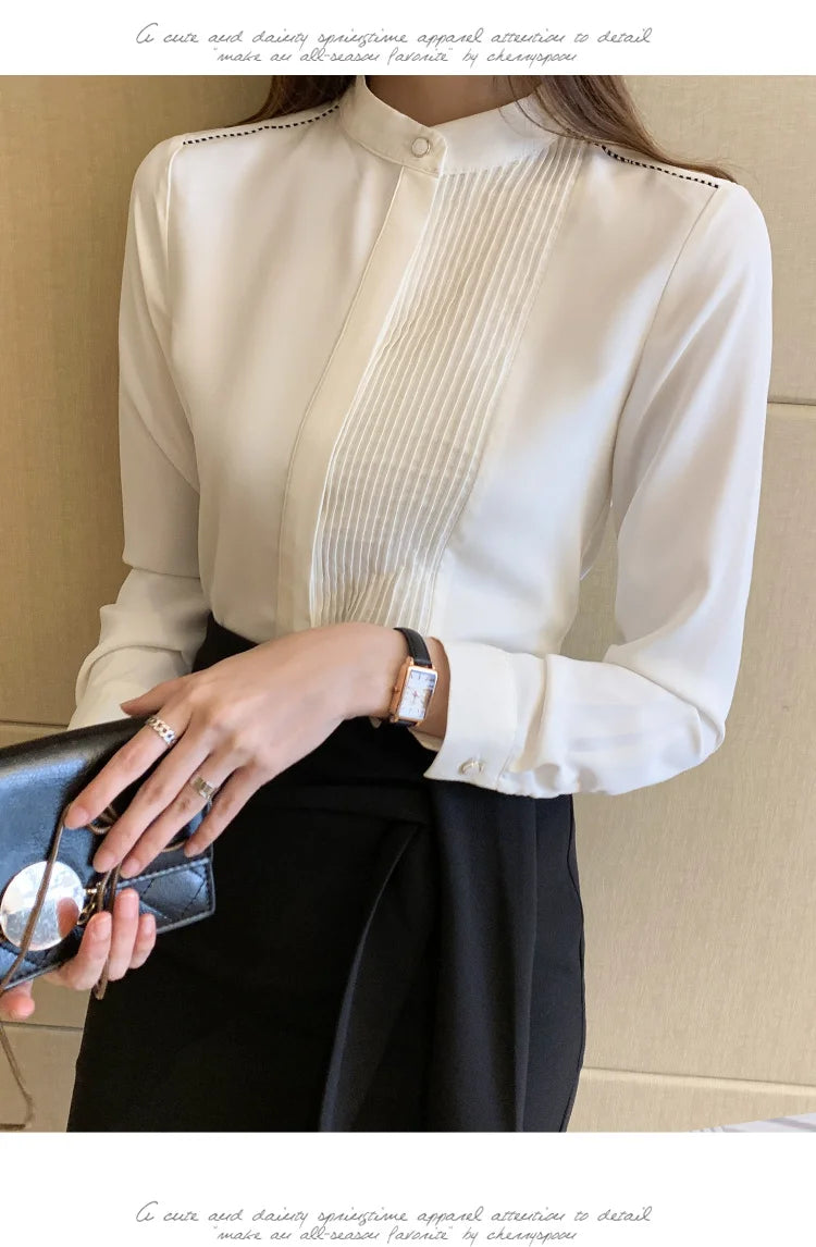 The Office Muse — Pleated Bib Stand Collar Long Sleeve Chiffon Blouse