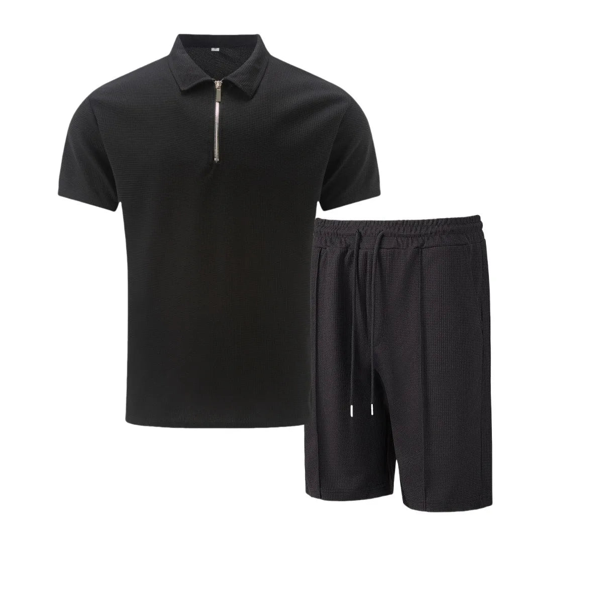 The Munice Set — Waffle-Knit Zip-Up Lapel Suit & Shorts