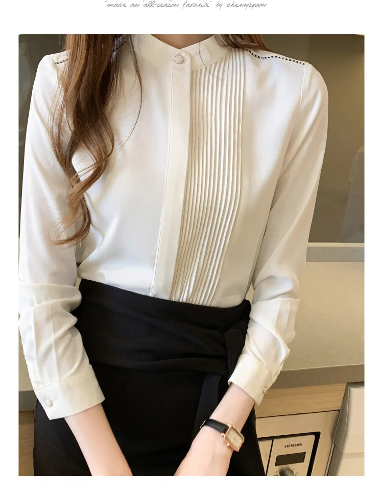 The Office Muse — Pleated Bib Stand Collar Long Sleeve Chiffon Blouse