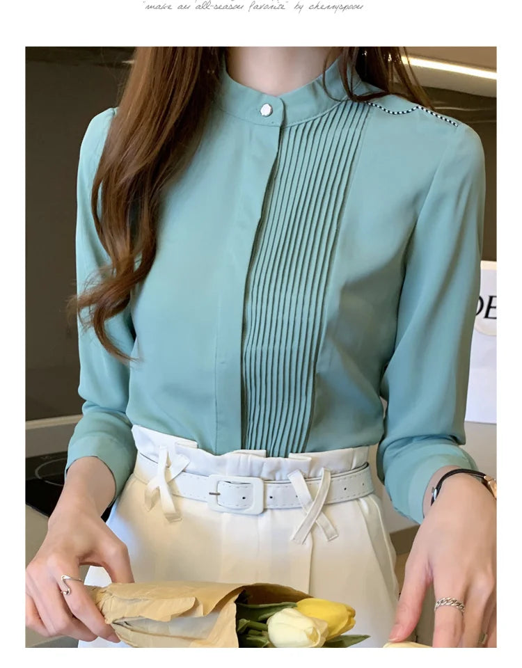 The Office Muse — Pleated Bib Stand Collar Long Sleeve Chiffon Blouse