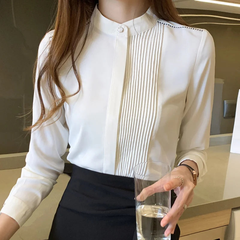 The Office Muse — Pleated Bib Stand Collar Long Sleeve Chiffon Blouse