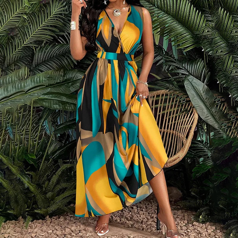 The Soleil Maxi — Printed V-Neck Sleeveless Maxi Dress