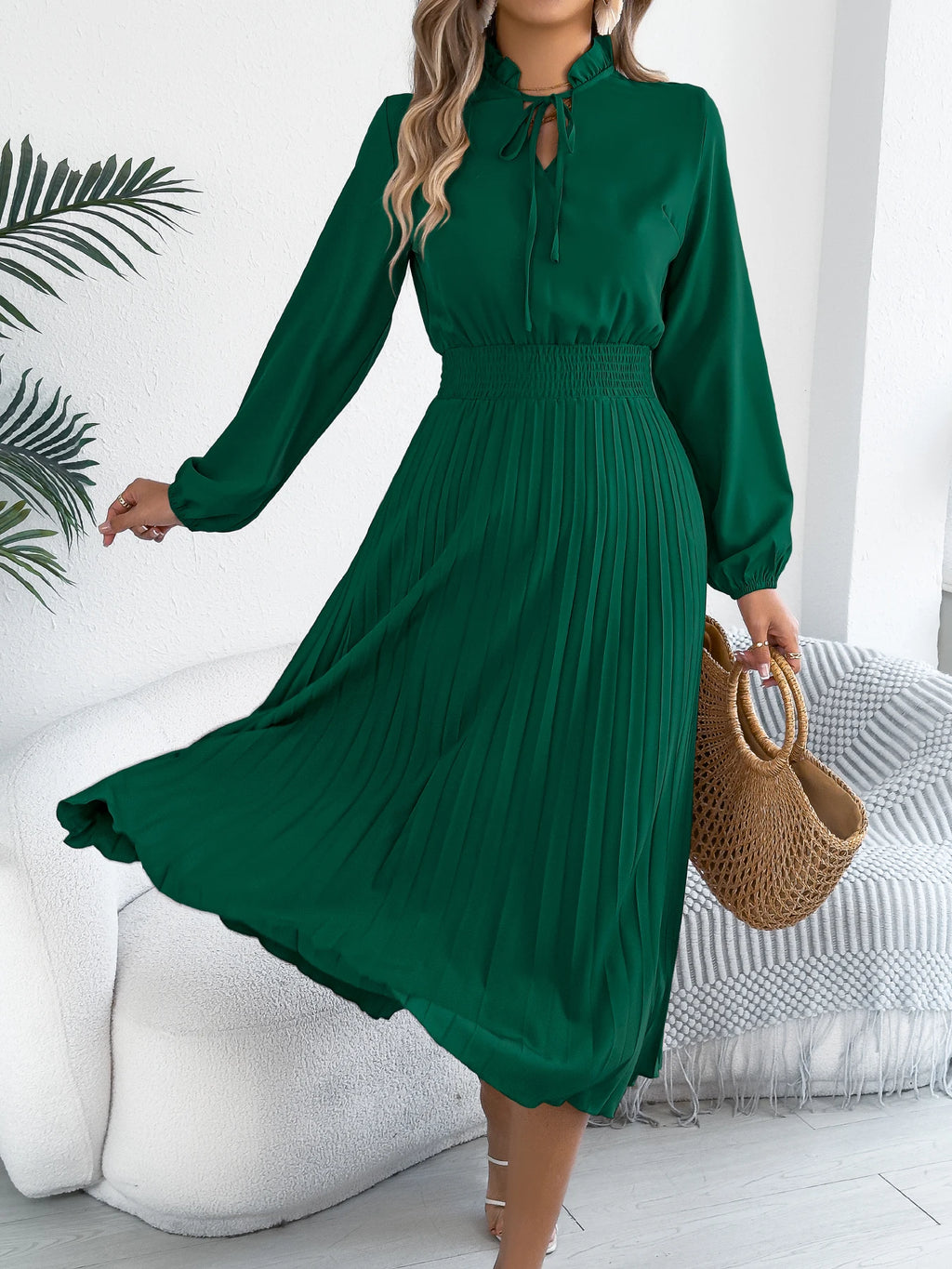 The Pleated Drape — V-Neck Lace-Up Pleated Maxi Dress