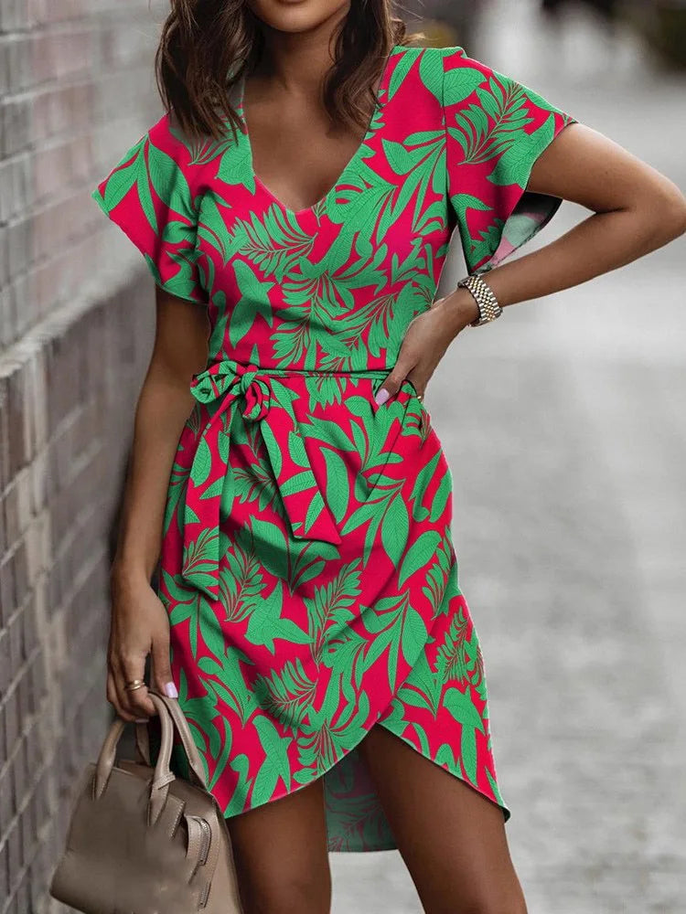 The Riviera Dress — Printed V-Neck Short Sleeve Mini Dress