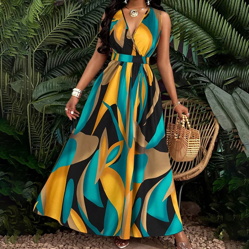 The Soleil Maxi — Printed V-Neck Sleeveless Maxi Dress