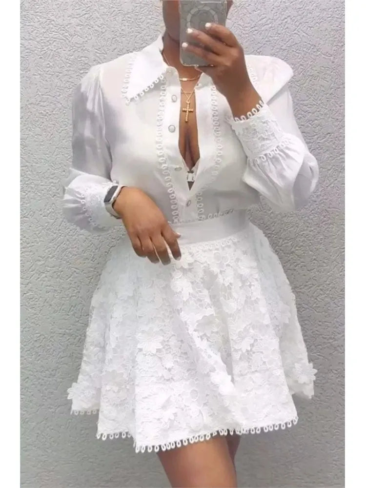 The White Affair — Polyester Button Top & A-Line Skirt Set