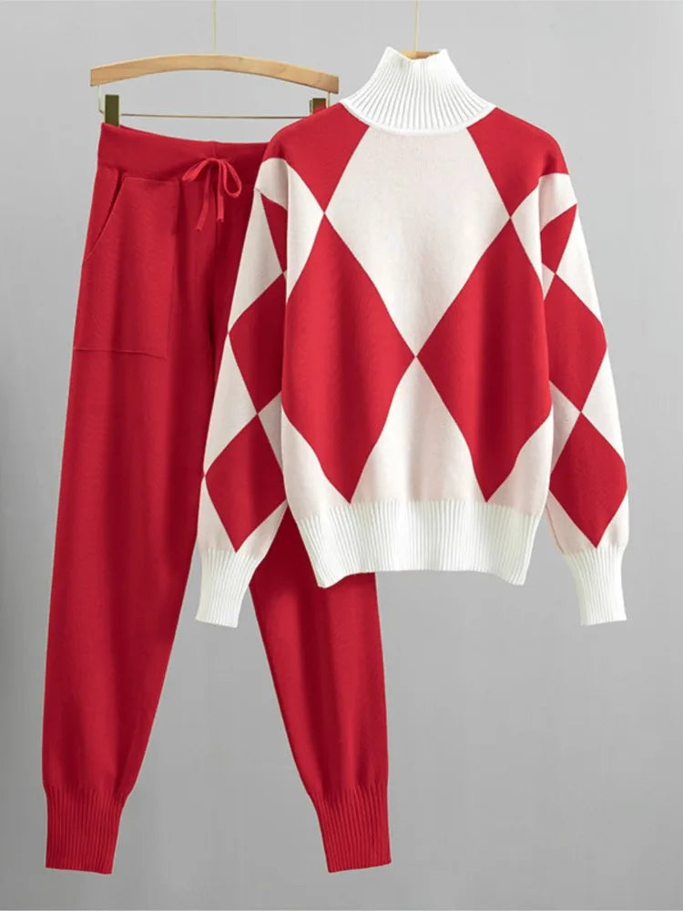 The Diamond Check — Knitted Turtleneck Sweater & Pants Set