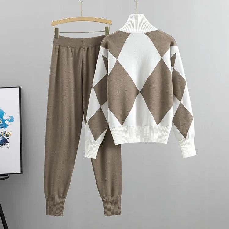 The Diamond Check — Knitted Turtleneck Sweater & Pants Set