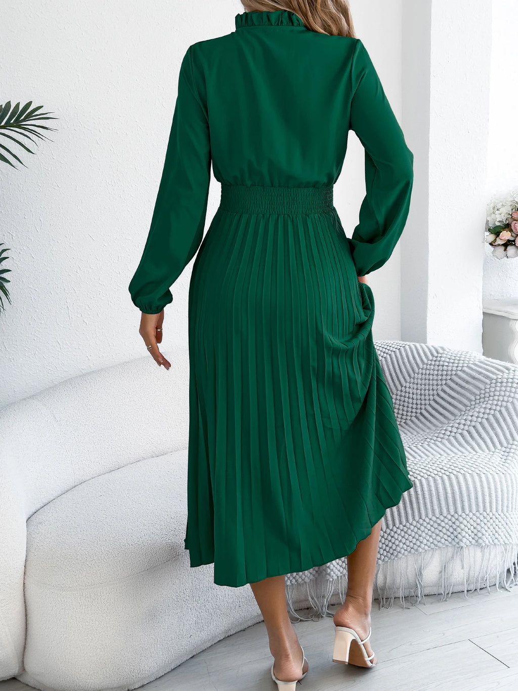 The Pleated Drape — V-Neck Lace-Up Pleated Maxi Dress