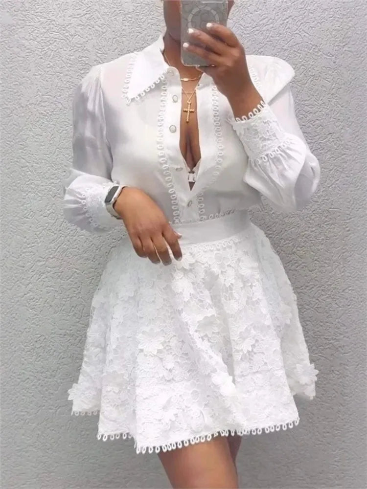The White Affair — Polyester Button Top & A-Line Skirt Set