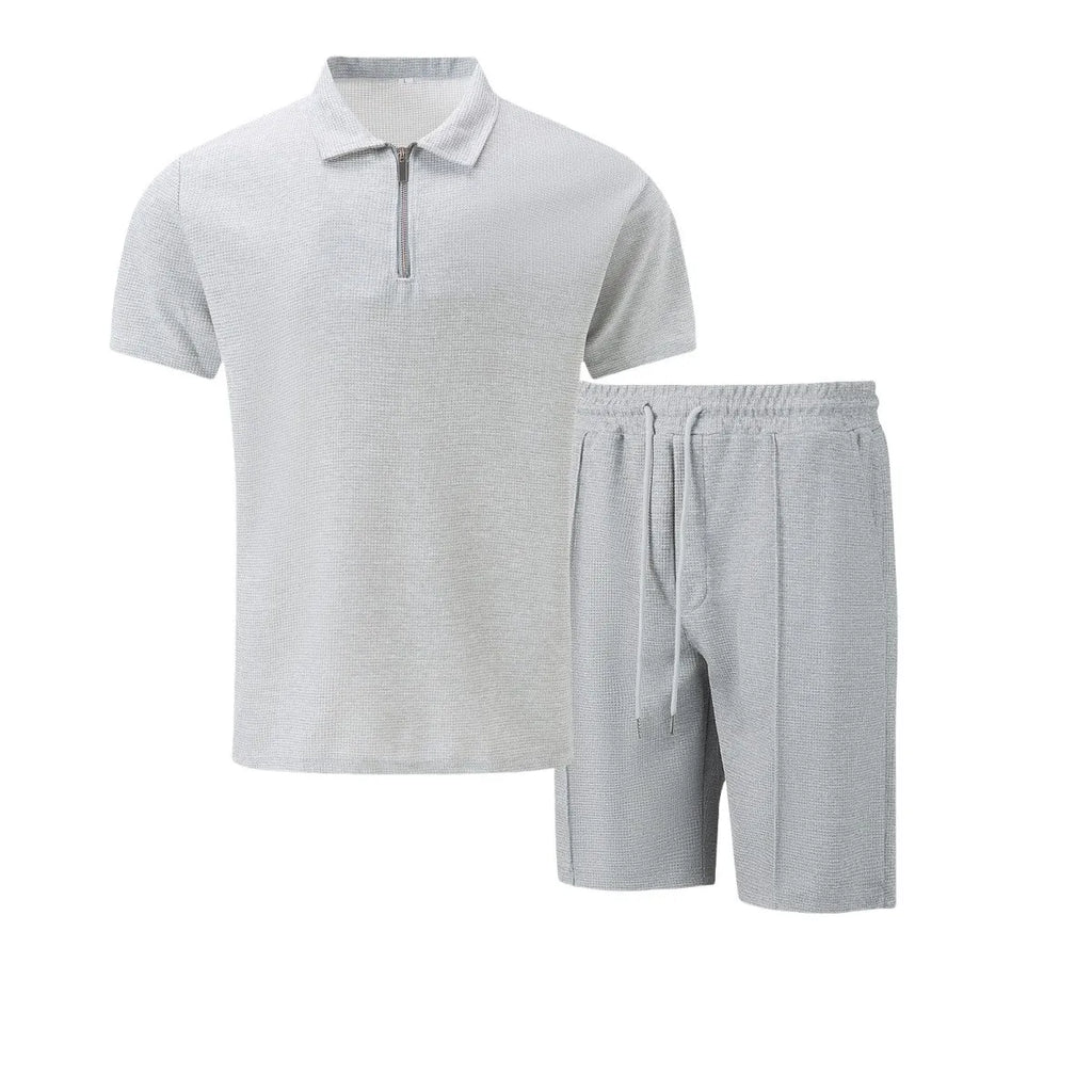 The Munice Set — Waffle-Knit Zip-Up Lapel Suit & Shorts